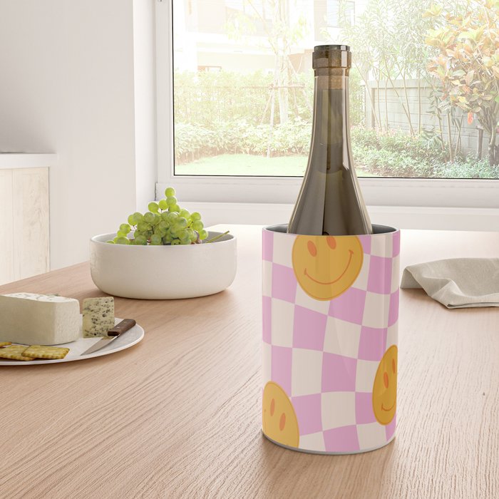 Groovy Smiley Faces on Pastel Pink Twisted Checkerboard Wine Chiller Gallery Image 4