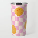 Groovy Smiley Faces on Pastel Pink Twisted Checkerboard Travel Mug Gallery Image 1