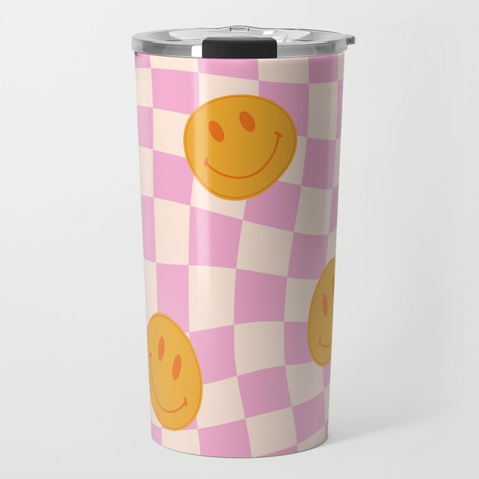 Groovy Smiley Faces on Pastel Pink Twisted Checkerboard Travel Mug Gallery Image 1