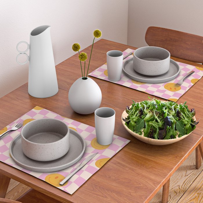 Groovy Smiley Faces on Pastel Pink Twisted Checkerboard Placemat Gallery Image 2