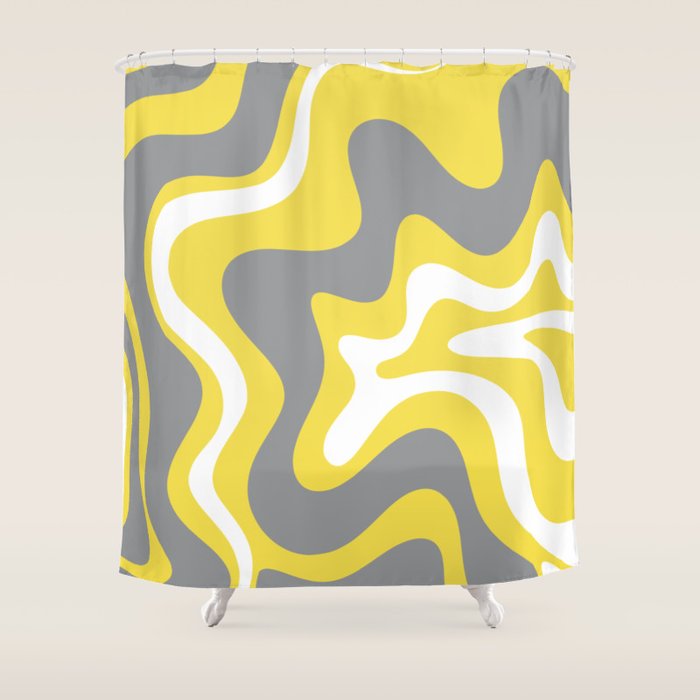 Retro Liquid Swirl Abstract Pattern in Light Grey, White, and Lemon Yellow Shower Curtain Gallery Image 1