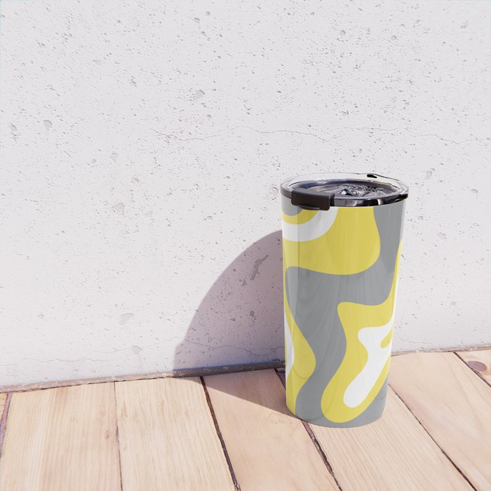 Retro Liquid Swirl Abstract Pattern in Light Grey, White, and Lemon Yellow Travel Mug Gallery Image 4