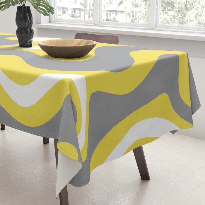 Retro Liquid Swirl Abstract Pattern in Light Grey, White, and Lemon Yellow Tablecloth Gallery Image 3