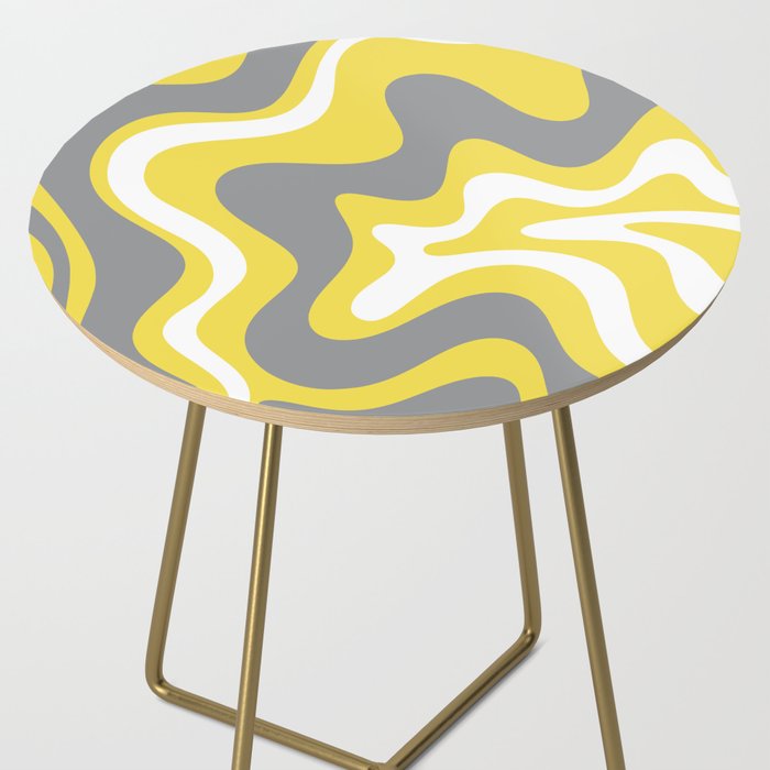 Retro Liquid Swirl Abstract Pattern in Light Grey, White, and Lemon Yellow Side Table Gallery Image 2