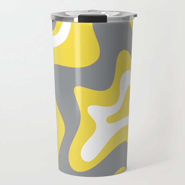 Retro Liquid Swirl Abstract Pattern in Light Grey, White, and Lemon Yellow Travel Mug Gallery Image 1