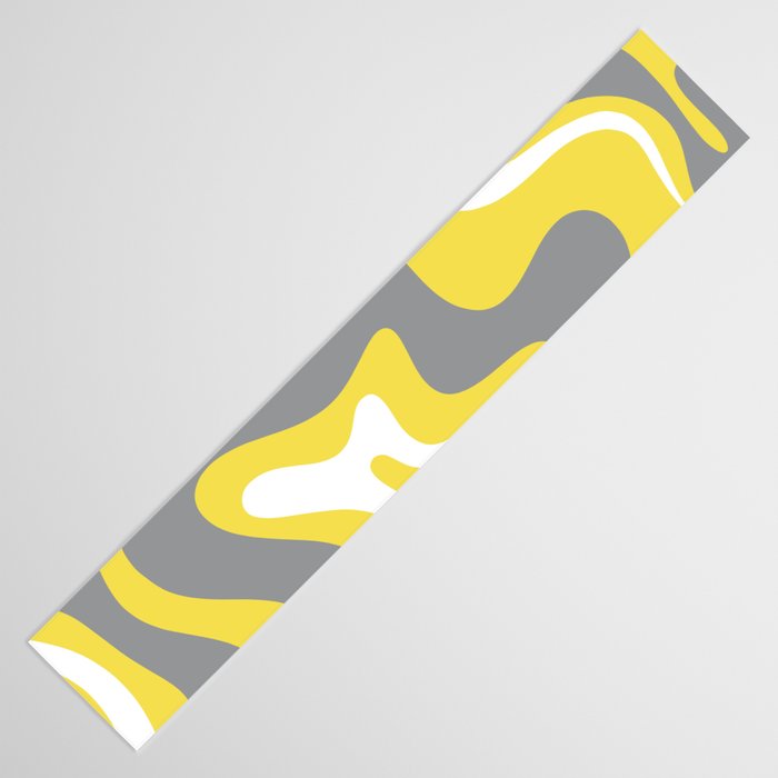 Retro Liquid Swirl Abstract Pattern in Light Grey, White, and Lemon Yellow Table Runner Gallery Image 3