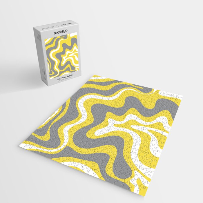 Retro Liquid Swirl Abstract Pattern in Light Grey, White, and Lemon Yellow Jigsaw Puzzle Gallery Image 2