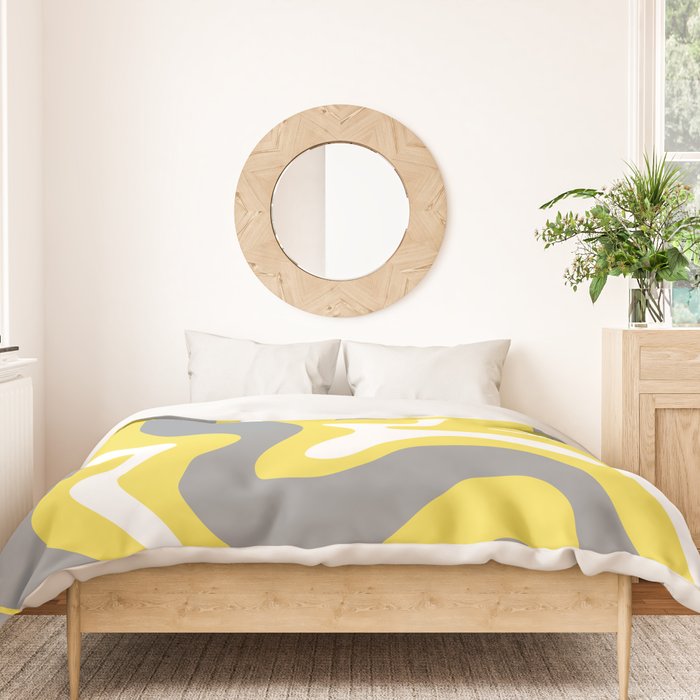 Retro Liquid Swirl Abstract Pattern in Light Grey, White, and Lemon Yellow Duvet Cover Gallery Image 3