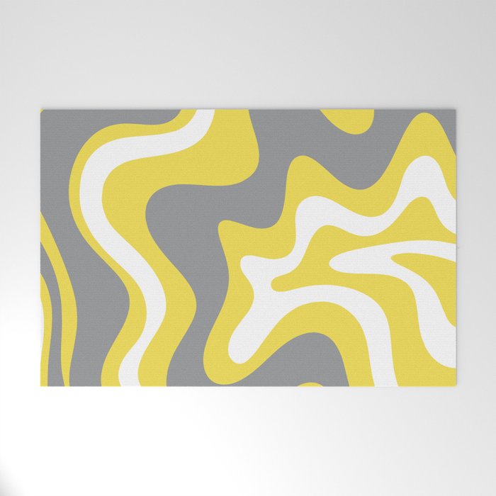 Retro Liquid Swirl Abstract Pattern in Light Grey, White, and Lemon Yellow Welcome Mat Gallery Image 1
