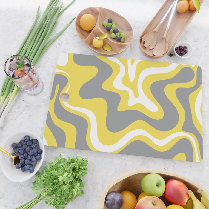 Retro Liquid Swirl Abstract Pattern in Light Grey, White, and Lemon Yellow Cutting Board Gallery Image 2