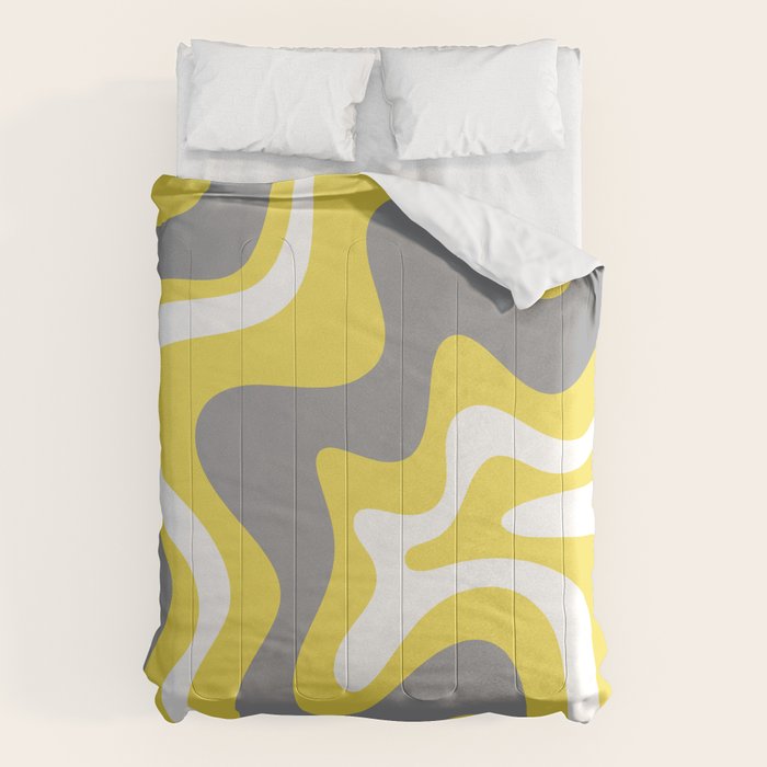 Retro Liquid Swirl Abstract Pattern in Light Grey, White, and Lemon Yellow Comforter Gallery Image 1