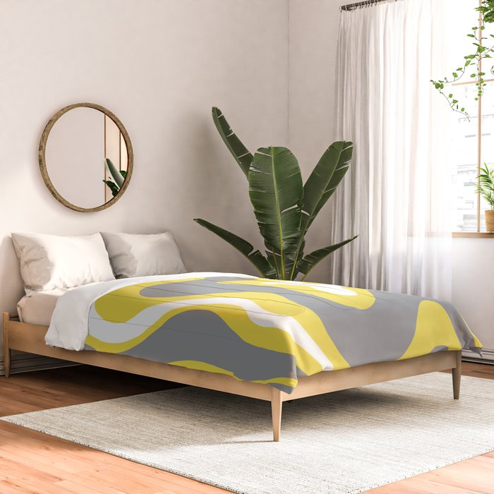 Retro Liquid Swirl Abstract Pattern in Light Grey, White, and Lemon Yellow Comforter Gallery Image 2
