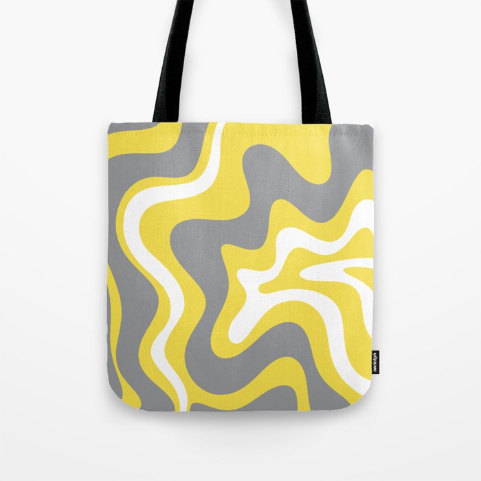 Retro Liquid Swirl Abstract Pattern in Light Grey, White, and Lemon Yellow Tote Bag Gallery Image 1