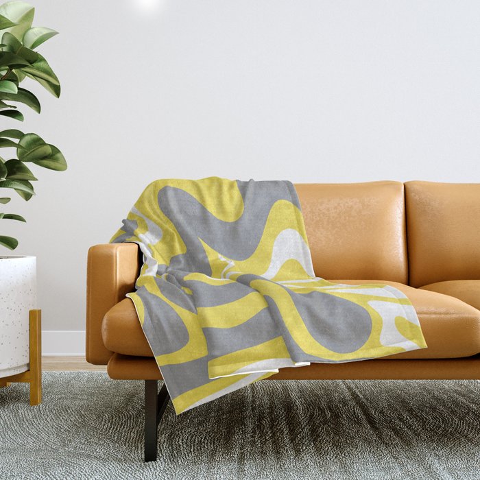 Retro Liquid Swirl Abstract Pattern in Light Grey, White, and Lemon Yellow Throw Blanket Gallery Image 1