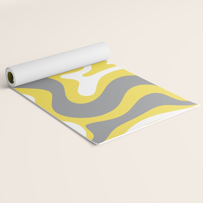 Retro Liquid Swirl Abstract Pattern in Light Grey, White, and Lemon Yellow Yoga Mat Gallery Image 2