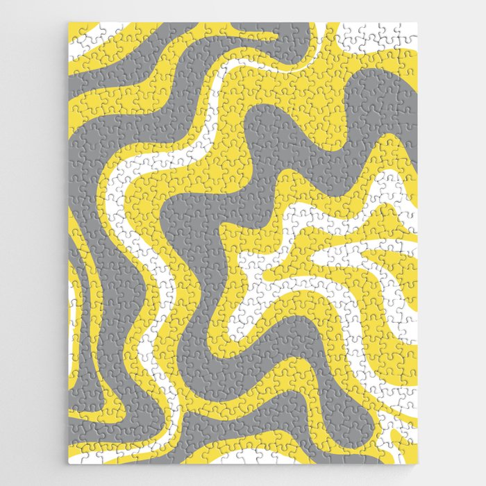 Retro Liquid Swirl Abstract Pattern in Light Grey, White, and Lemon Yellow Jigsaw Puzzle Gallery Image 1