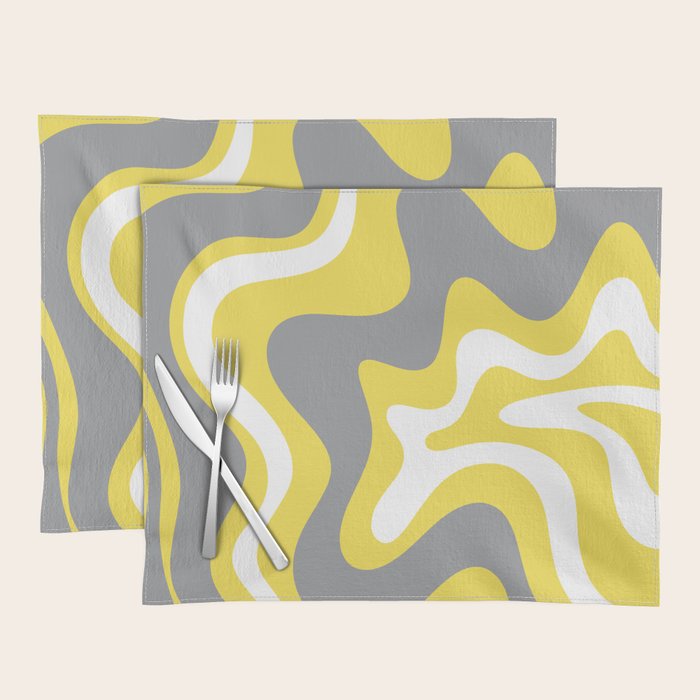 Retro Liquid Swirl Abstract Pattern in Light Grey, White, and Lemon Yellow Placemat Gallery Image 1