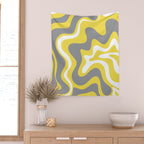Retro Liquid Swirl Abstract Pattern in Light Grey, White, and Lemon Yellow Wall Tapestry Gallery Image 2