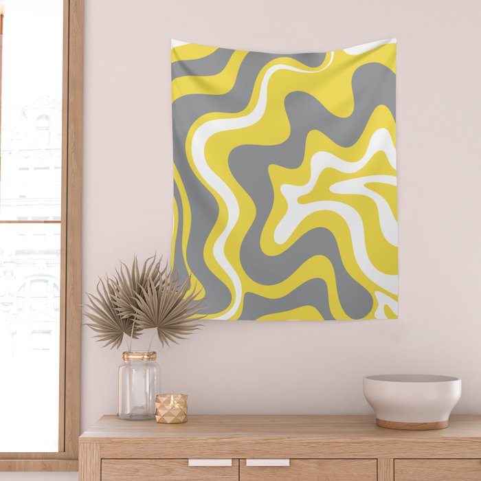 Retro Liquid Swirl Abstract Pattern in Light Grey, White, and Lemon Yellow Wall Tapestry Gallery Image 2
