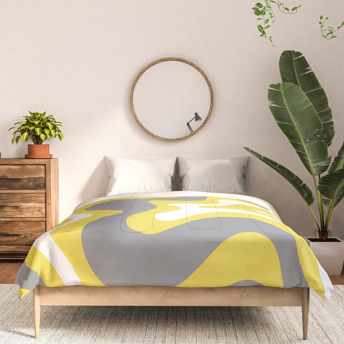 Retro Liquid Swirl Abstract Pattern in Light Grey, White, and Lemon Yellow Comforter Gallery Image 3