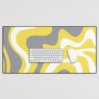 Retro Liquid Swirl Abstract Pattern in Light Grey, White, and Lemon Yellow Desk Mat Gallery Image 1