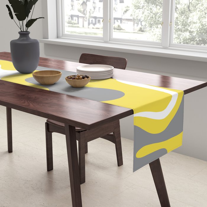 Retro Liquid Swirl Abstract Pattern in Light Grey, White, and Lemon Yellow Table Runner Gallery Image 2