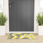 Retro Liquid Swirl Abstract Pattern in Light Grey, White, and Lemon Yellow Welcome Mat Gallery Image 3