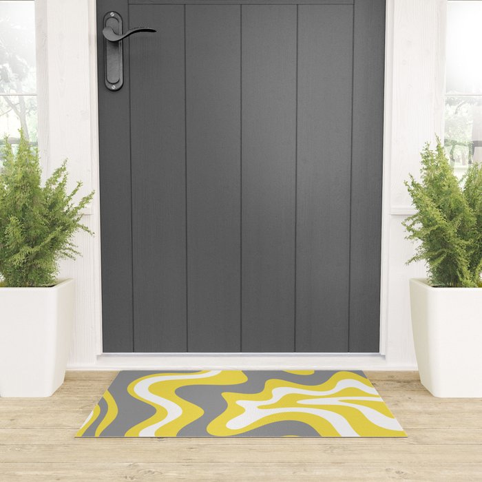 Retro Liquid Swirl Abstract Pattern in Light Grey, White, and Lemon Yellow Welcome Mat Gallery Image 3