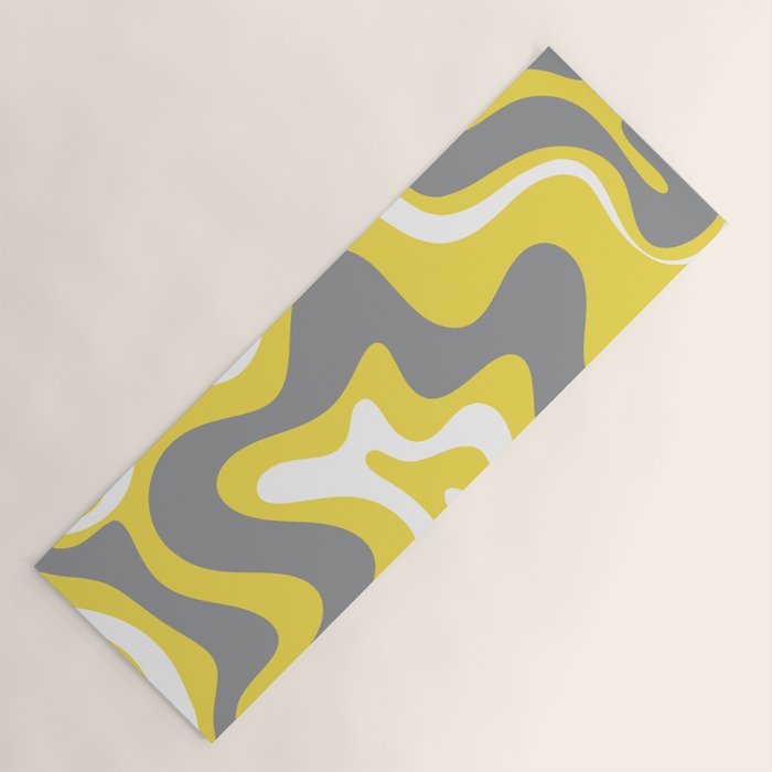 Retro Liquid Swirl Abstract Pattern in Light Grey, White, and Lemon Yellow Yoga Mat Gallery Image 1