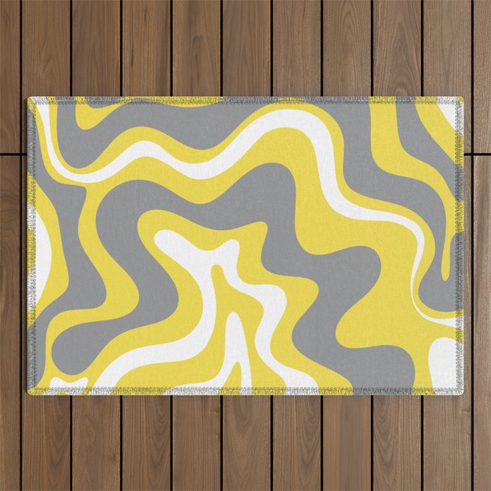 Retro Liquid Swirl Abstract Pattern in Light Grey, White, and Lemon Yellow Outdoor Rug Gallery Image 1