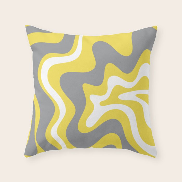 Retro Liquid Swirl Abstract Pattern in Light Grey, White, and Lemon Yellow Throw Pillow Gallery Image 6