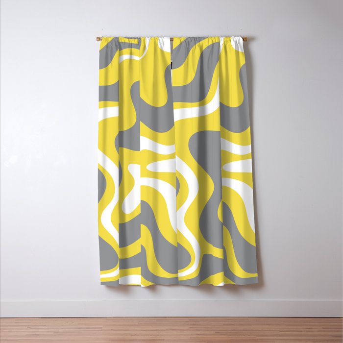 Retro Liquid Swirl Abstract Pattern in Light Grey, White, and Lemon Yellow Window Curtain Gallery Image 3