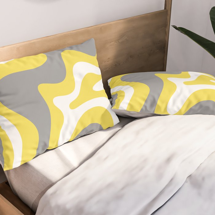 Retro Liquid Swirl Abstract Pattern in Light Grey, White, and Lemon Yellow Pillow Sham Gallery Image 2