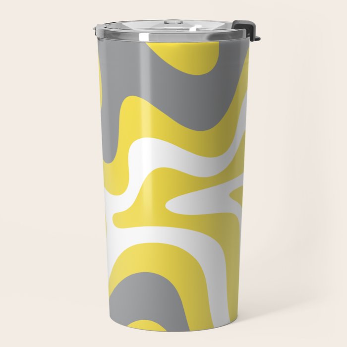 Retro Liquid Swirl Abstract Pattern in Light Grey, White, and Lemon Yellow Travel Mug Gallery Image 2