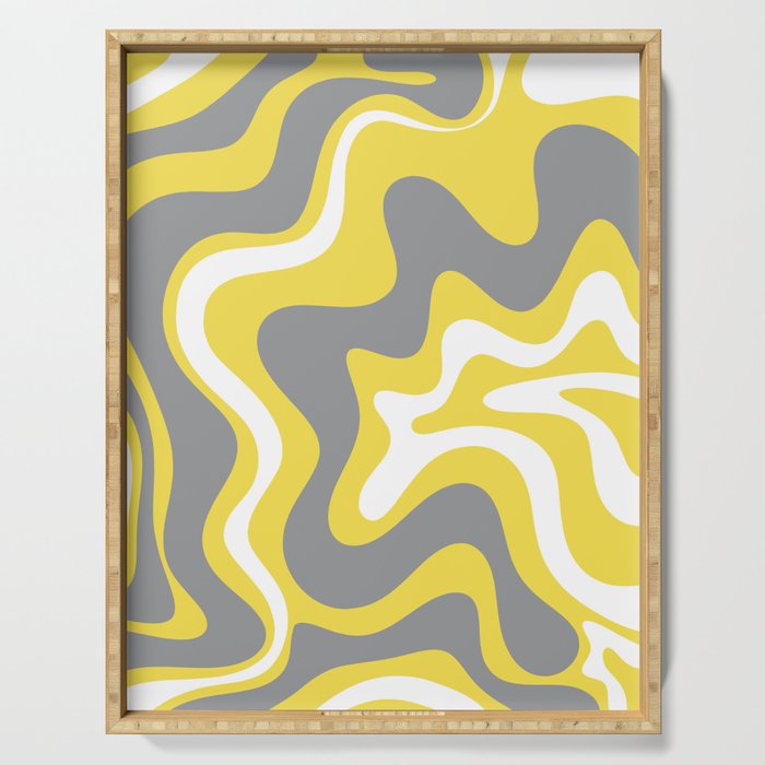 Retro Liquid Swirl Abstract Pattern in Light Grey, White, and Lemon Yellow Serving Tray Gallery Image 1