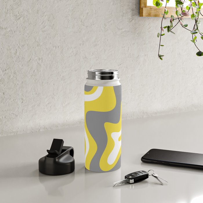 Retro Liquid Swirl Abstract Pattern in Light Grey, White, and Lemon Yellow Water Bottle Gallery Image 4