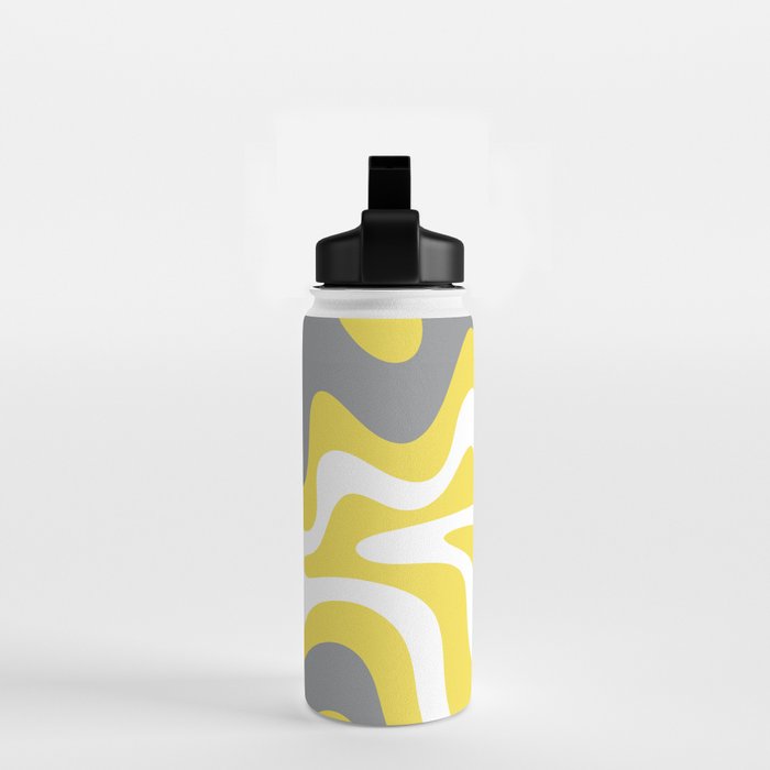 Retro Liquid Swirl Abstract Pattern in Light Grey, White, and Lemon Yellow Water Bottle Gallery Image 2
