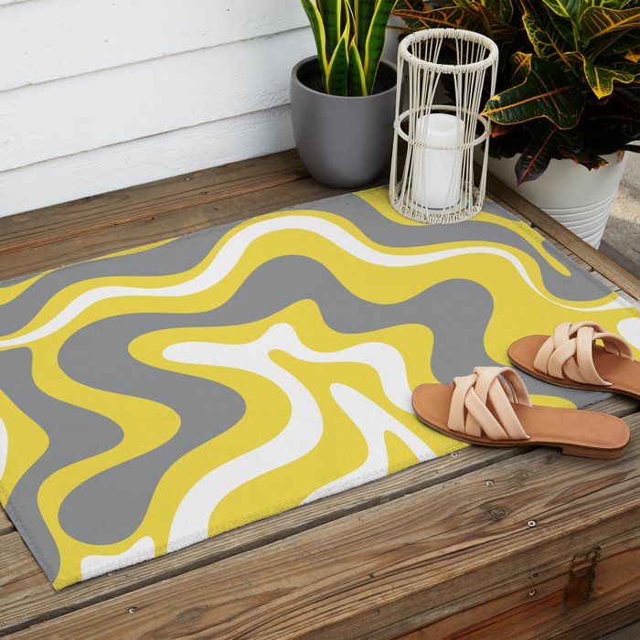 Retro Liquid Swirl Abstract Pattern in Light Grey, White, and Lemon Yellow Outdoor Rug Gallery Image 2