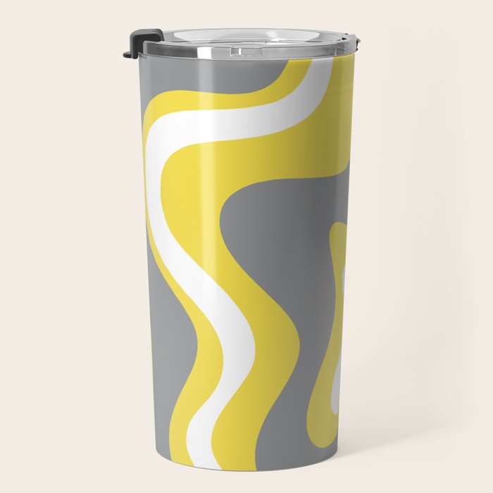 Retro Liquid Swirl Abstract Pattern in Light Grey, White, and Lemon Yellow Travel Mug Gallery Image 3