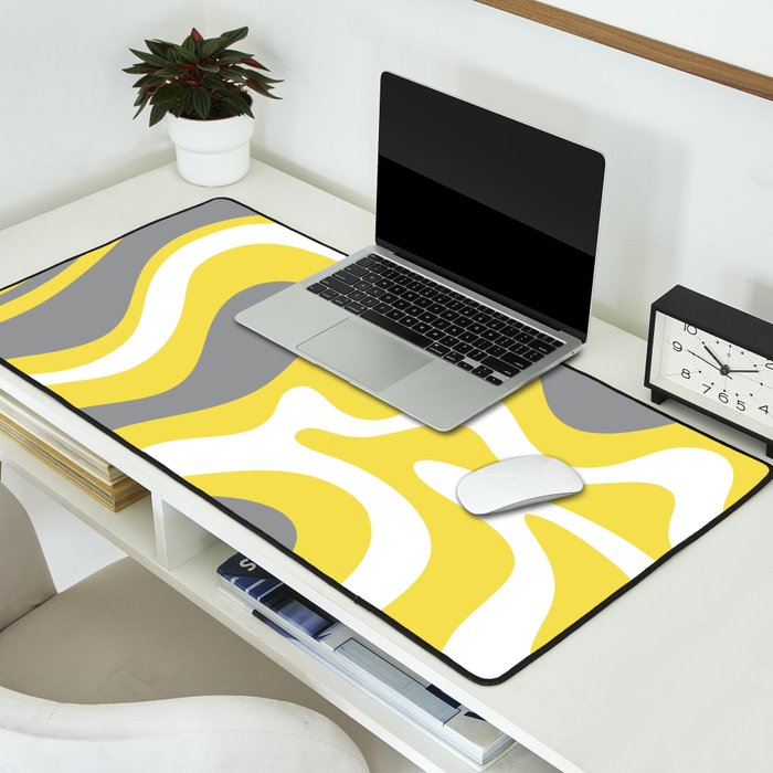 Retro Liquid Swirl Abstract Pattern in Light Grey, White, and Lemon Yellow Desk Mat Gallery Image 2