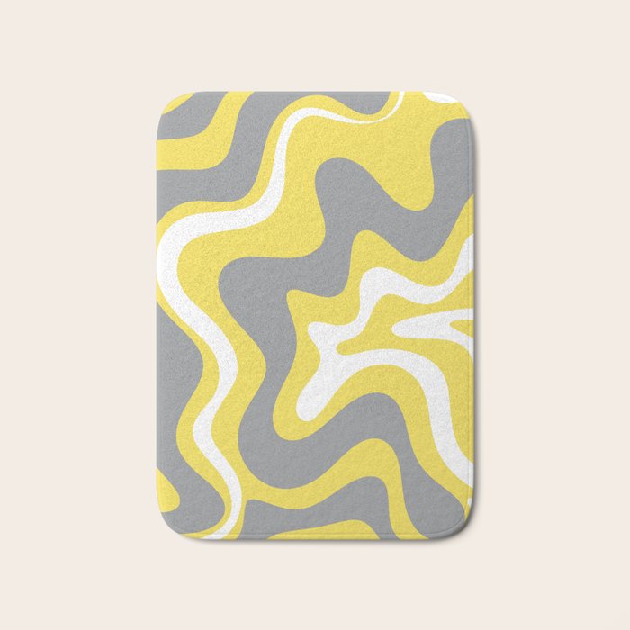 Retro Liquid Swirl Abstract Pattern in Light Grey, White, and Lemon Yellow Bath Mat Gallery Image 1