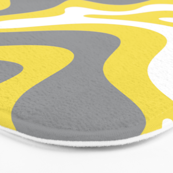 Retro Liquid Swirl Abstract Pattern in Light Grey, White, and Lemon Yellow Bath Mat Gallery Image 3