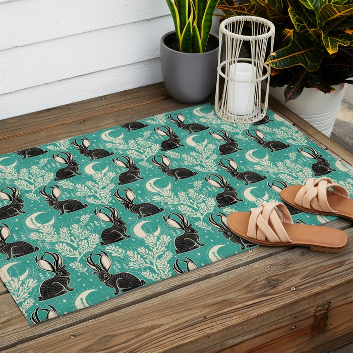 Jackalope - teal & black Outdoor Rug Gallery Image 2