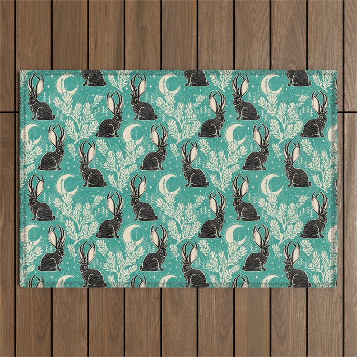 Jackalope - teal & black Outdoor Rug Gallery Image 1