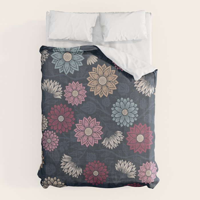 Mums and Vines Floral Burgundy Blues Duvet Cover Gallery Image 6