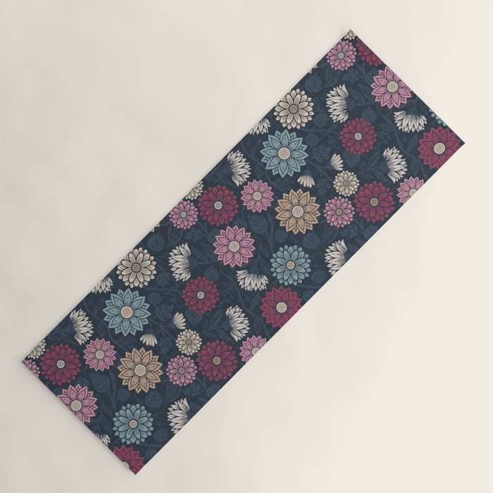 Mums and Vines Floral Burgundy Blues Yoga Mat Gallery Image 1