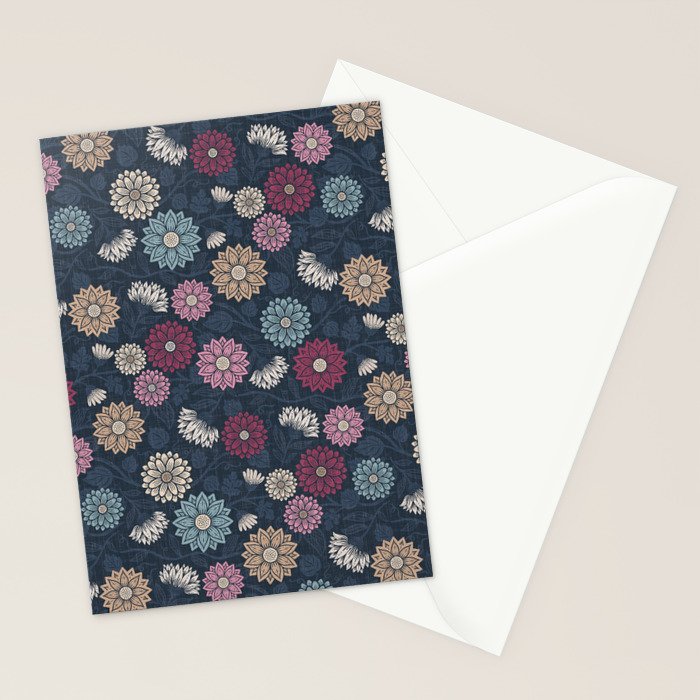 Mums and Vines Floral Burgundy Blues Stationery Card Gallery Image 2