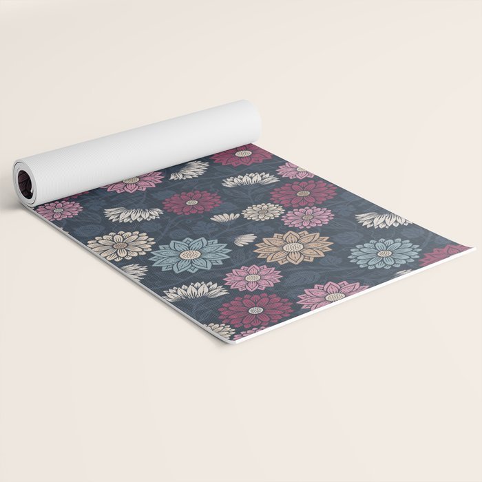Mums and Vines Floral Burgundy Blues Yoga Mat Gallery Image 2