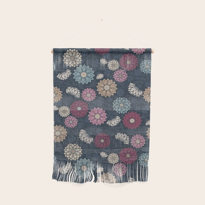 Mums and Vines Floral Burgundy Blues Wall Hanging Gallery Image 1