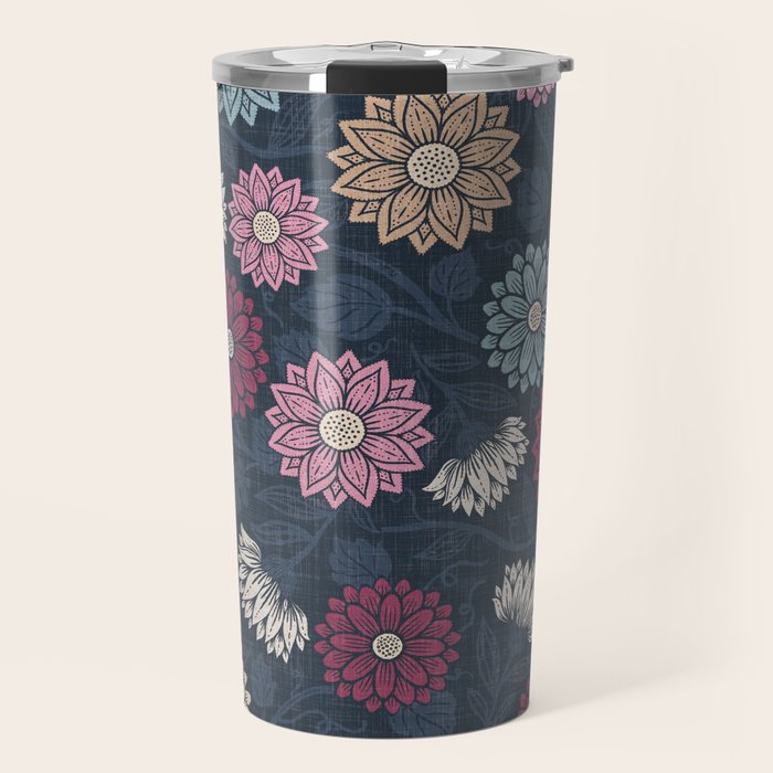 Mums and Vines Floral Burgundy Blues Travel Mug Gallery Image 1
